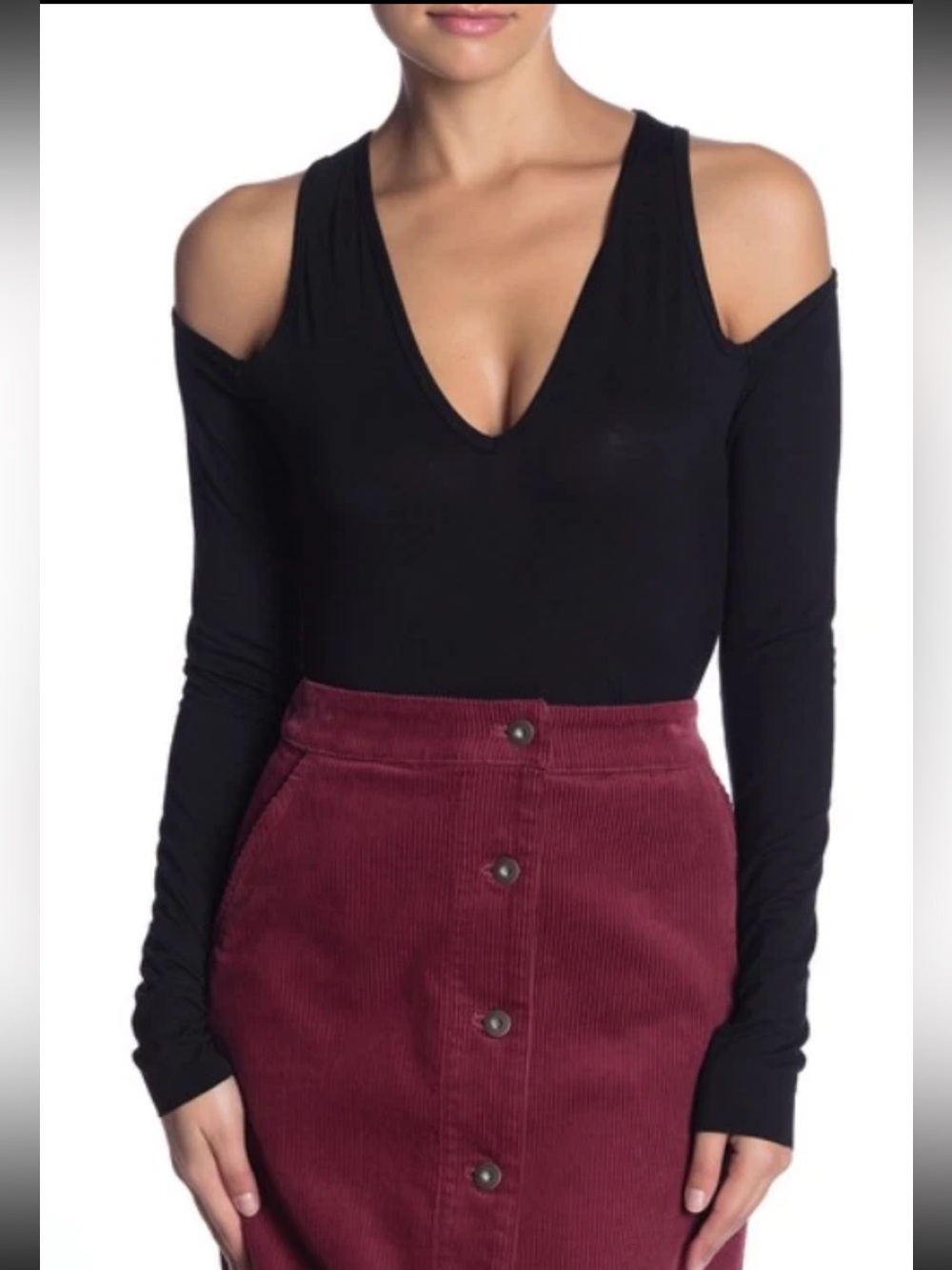 Bailey 44 Patricia Black Open Shoulder V-Neck Long Sleeve Bodysuit New With Tags